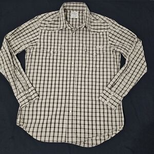 Lucky Brand Western Pearl Snap Shirt Men’s Medium Brown Beige Plaid Cotton